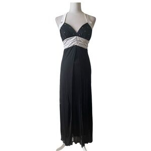 Vtg Y2K Taboo Black & White Rhinestone Halter Maxi Dress size XS